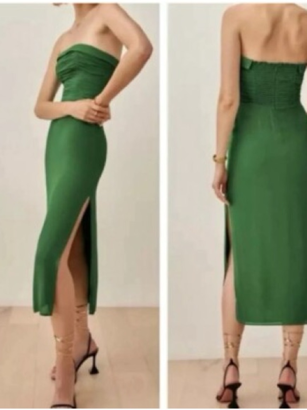 Reformation Lore Dress - Strapless Green Midi Dress with Side Slit